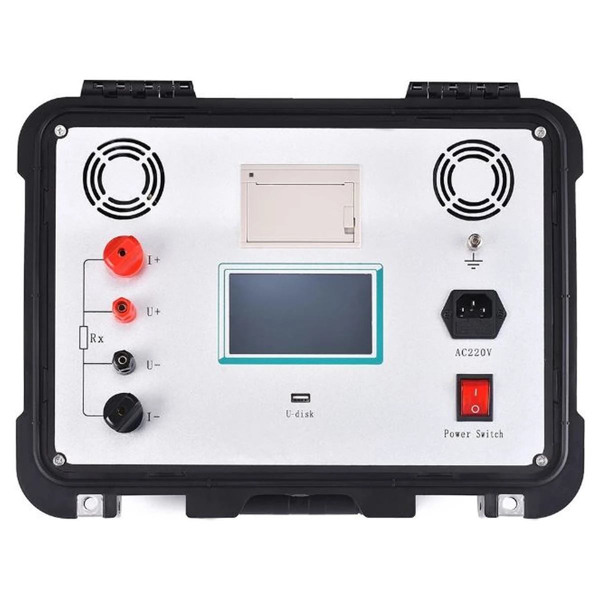GPS LTD CRT-200P contact resistance tester, front panel showing the four-wire current and voltage terminals, colour touch screen, printer and USB port