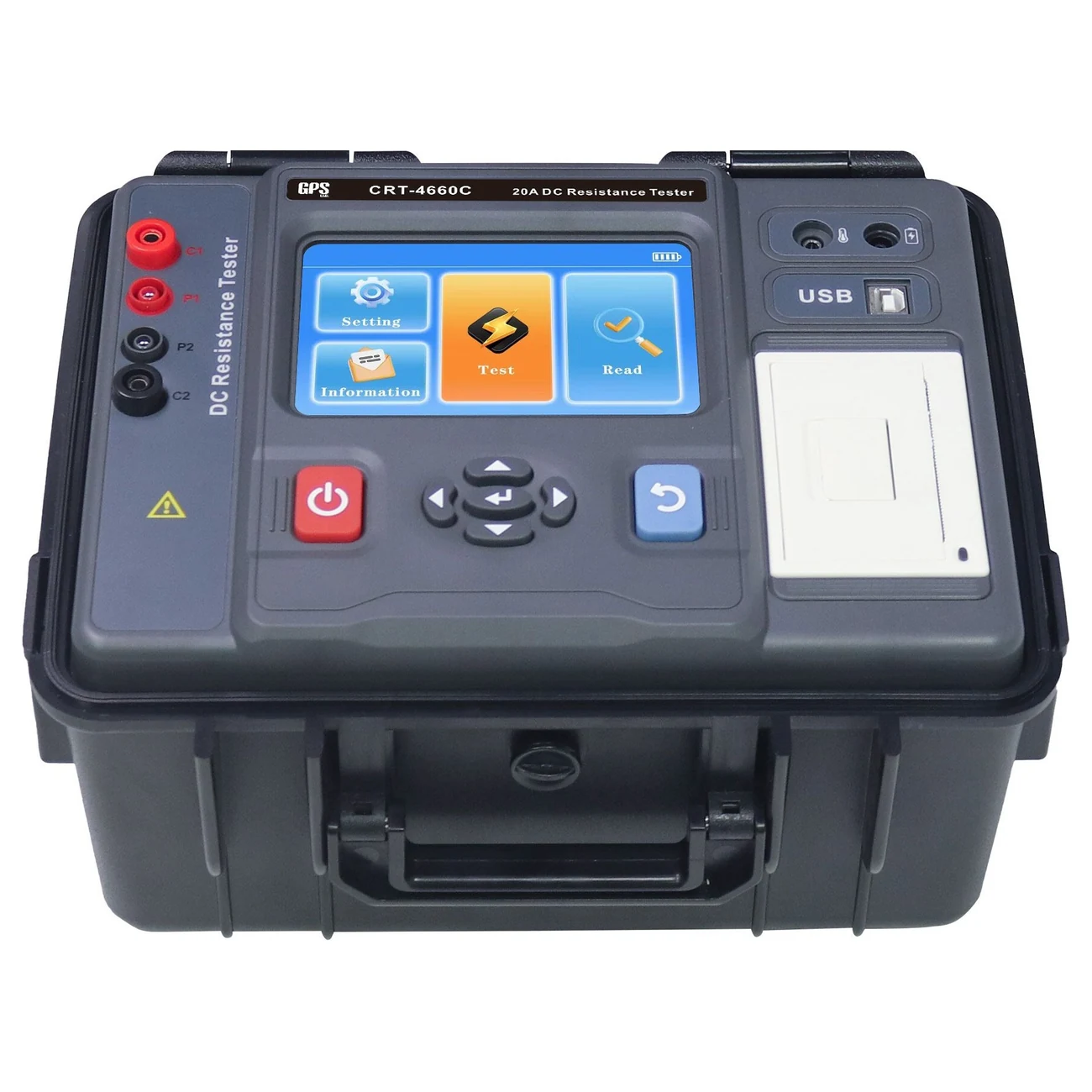 GPS LTD CRT-4660C portable DC resistance tester, front panel showing the four-wire terminals, colour touch screen and built-in printer