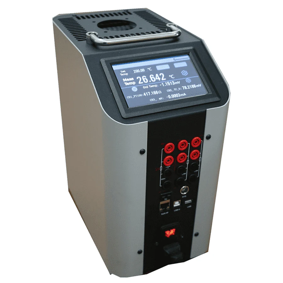 GPS LTD DBC-A Series advanced dry block temperature calibrator, showing the 5.7-inch touchscreen and the electrical measurement terminal panel