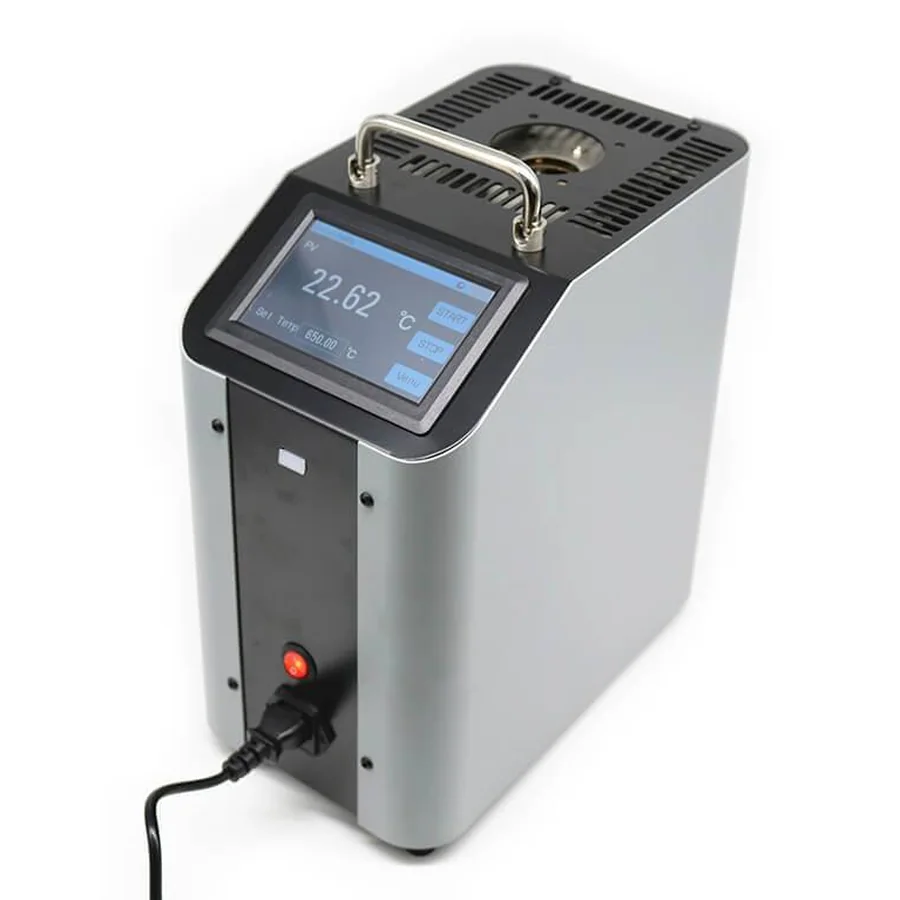 GPS LTD DBC Series dry block temperature calibrator, three-quarter view with the touchscreen showing a live block temperature