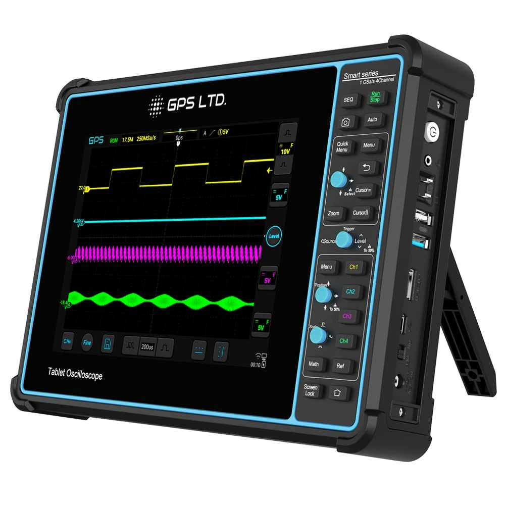 GPS-1000D tablet oscilloscope on its fold-out rear stand, showing the side ports