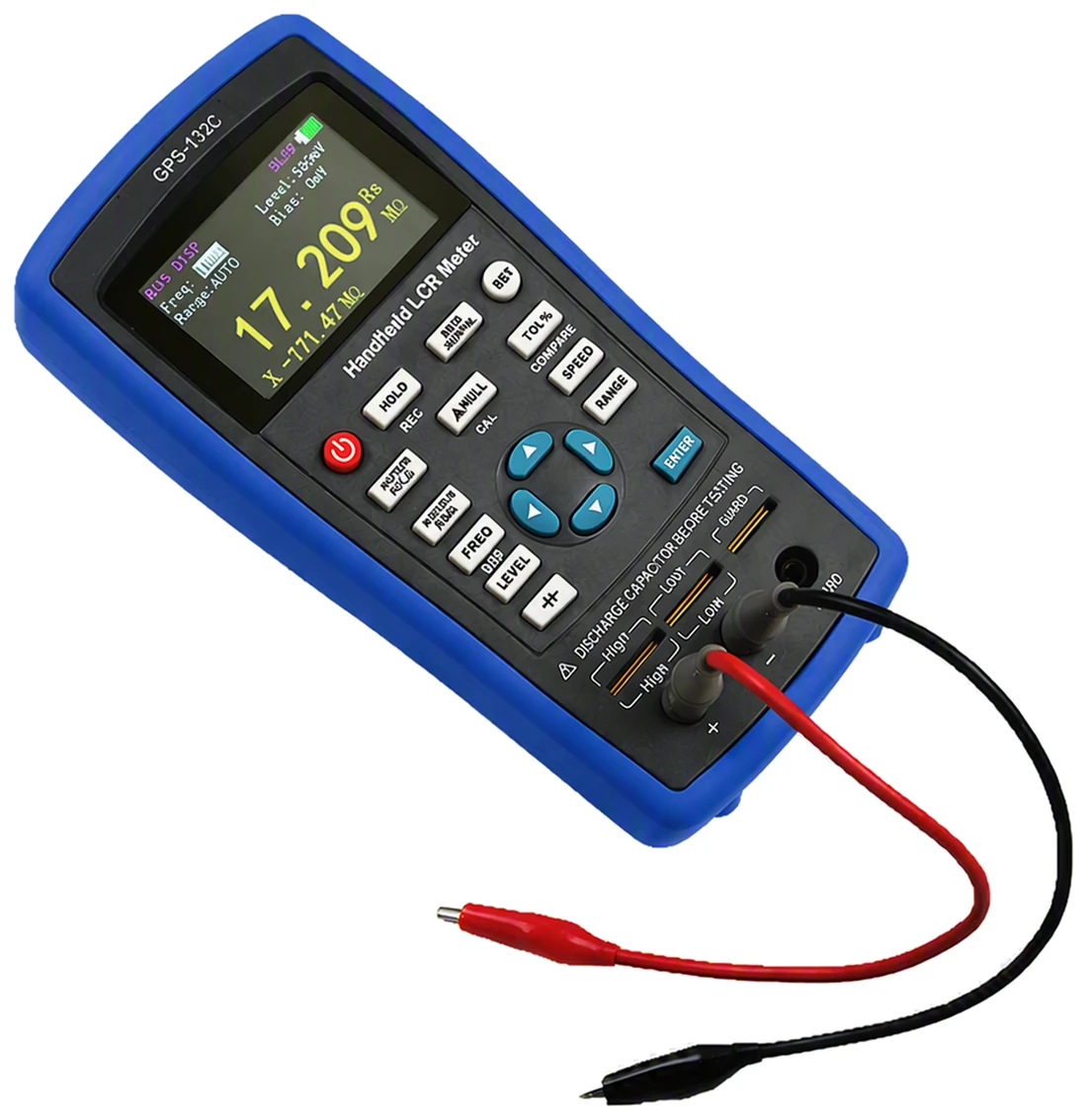 GPS LTD GPS-132C handheld LCR meter with the supplied alligator test leads connected to the positive and negative terminals, colour display showing a series resistance reading with the reactance alongside