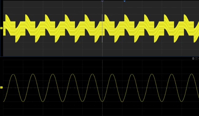 Long memory depth capture retaining waveform detail when zoomed in, compared with a shallow-memory capture