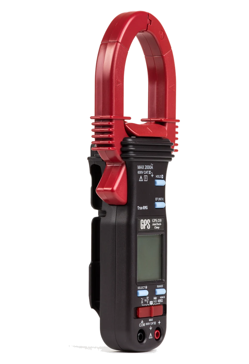 GPS LTD GPS-210 clamp meter, side view showing the HOLD and EF (NCV) keys and the probe holders