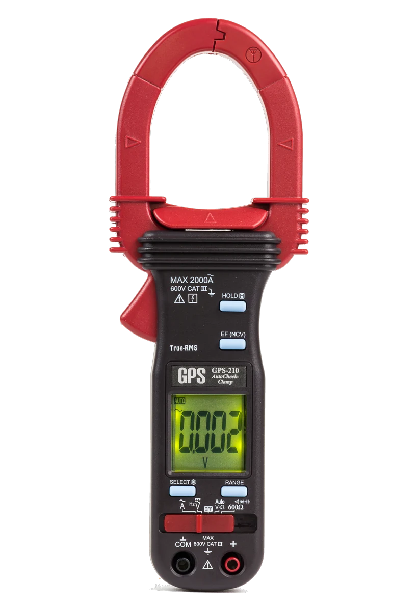 GPS LTD GPS-210 clamp meter, front view showing the 45 mm jaw, backlit display and slide switch