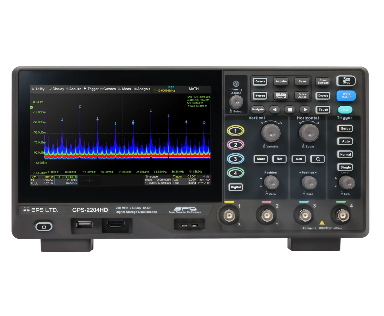 GPS-2204HD 12-bit digital storage oscilloscope, front view