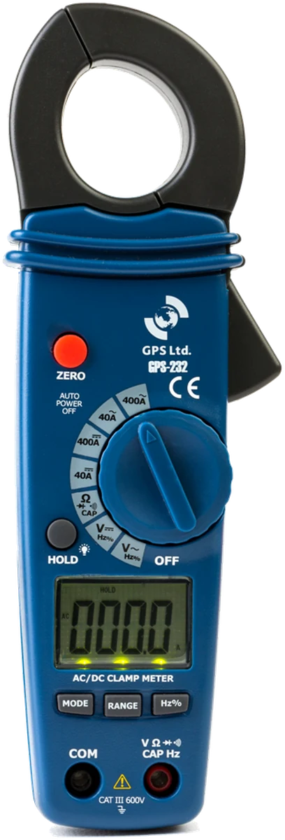 GPS LTD GPS-232 mini clamp meter, showing the 23 mm jaw, rotary range switch and backlit display
