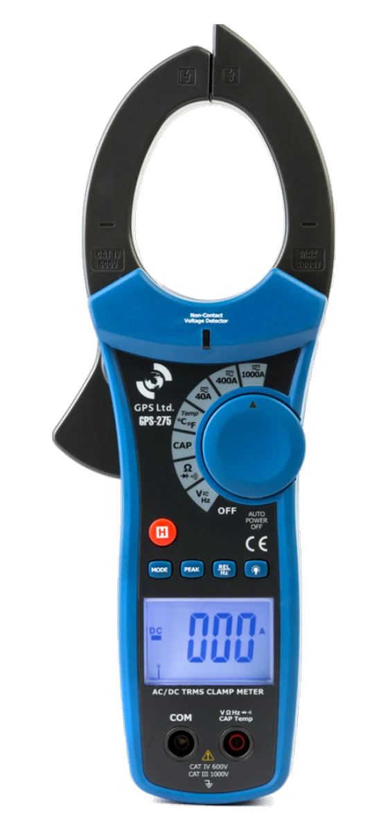 GPS LTD GPS-275 large jaw clamp meter, showing the 52 mm jaw, rotary dial and backlit display