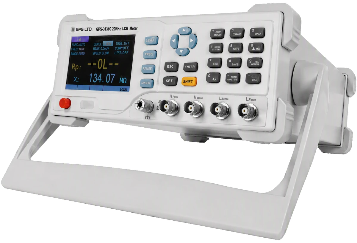 GPS LTD GPS-3131C benchtop LCR meter raised on its tilt stand, colour display showing the function, frequency, range, drive level, bias, speed and trigger settings above a parallel resistance and reactance reading, with the keypad and the four BNC test terminals marked H force, H sense, L sense and L force