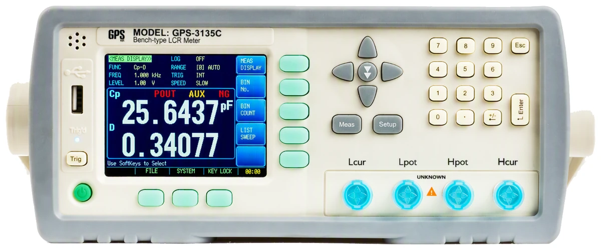 Front panel of the GPS LTD GPS-3135C benchtop LCR meter, identical in layout to the GPS-3138C apart from the model designation on the badge