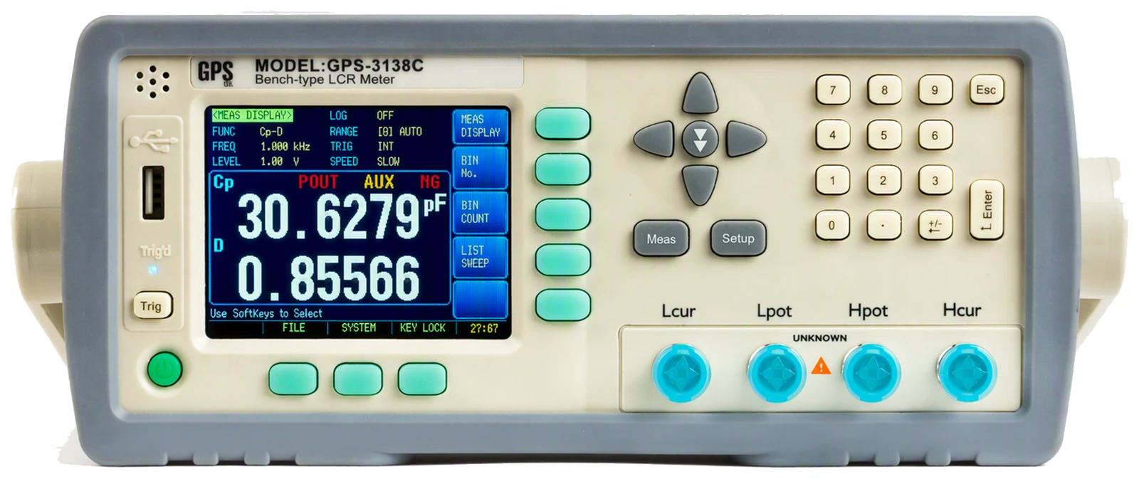 Front panel of the GPS LTD GPS-3138C benchtop LCR meter, showing the colour display with the function, frequency, drive level, range, trigger and speed settings above a capacitance and dissipation reading, the softkeys and numeric keypad, and the four test terminals marked L cur, L pot, H pot and H cur