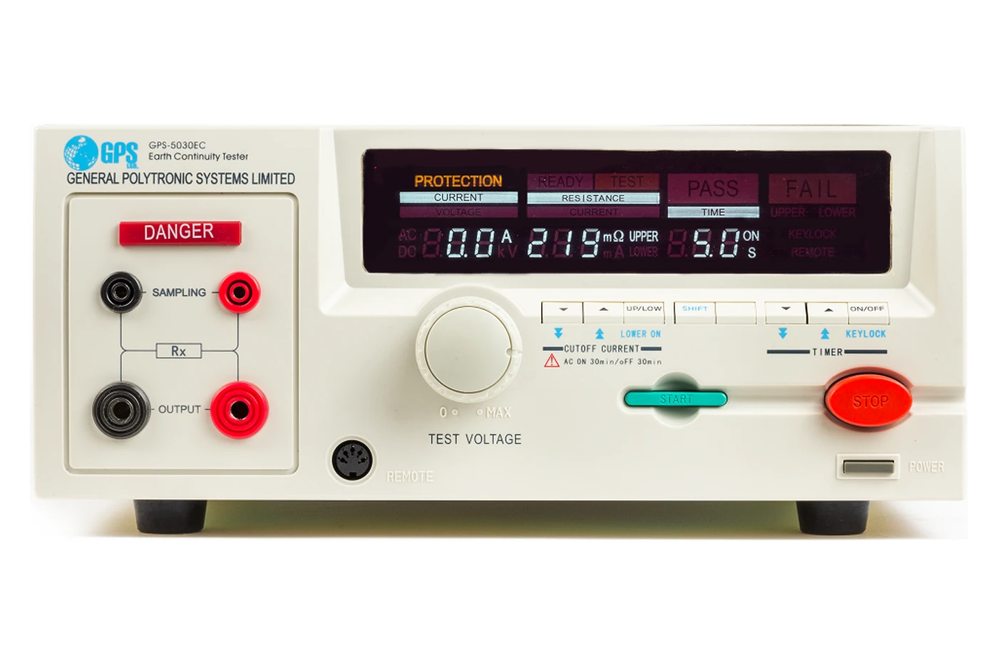 GPS LTD GPS-5030EC earth continuity tester, front panel showing the vacuum fluorescent display, four-terminal Kelvin connections and START and STOP controls