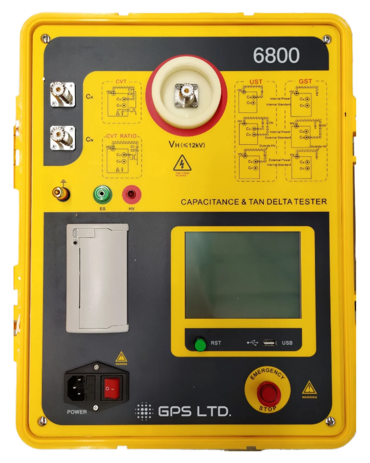 GPS LTD GPS-6800 capacitance and dissipation factor tester, front panel showing the high voltage bushing, connection mode diagrams, touch screen and printer