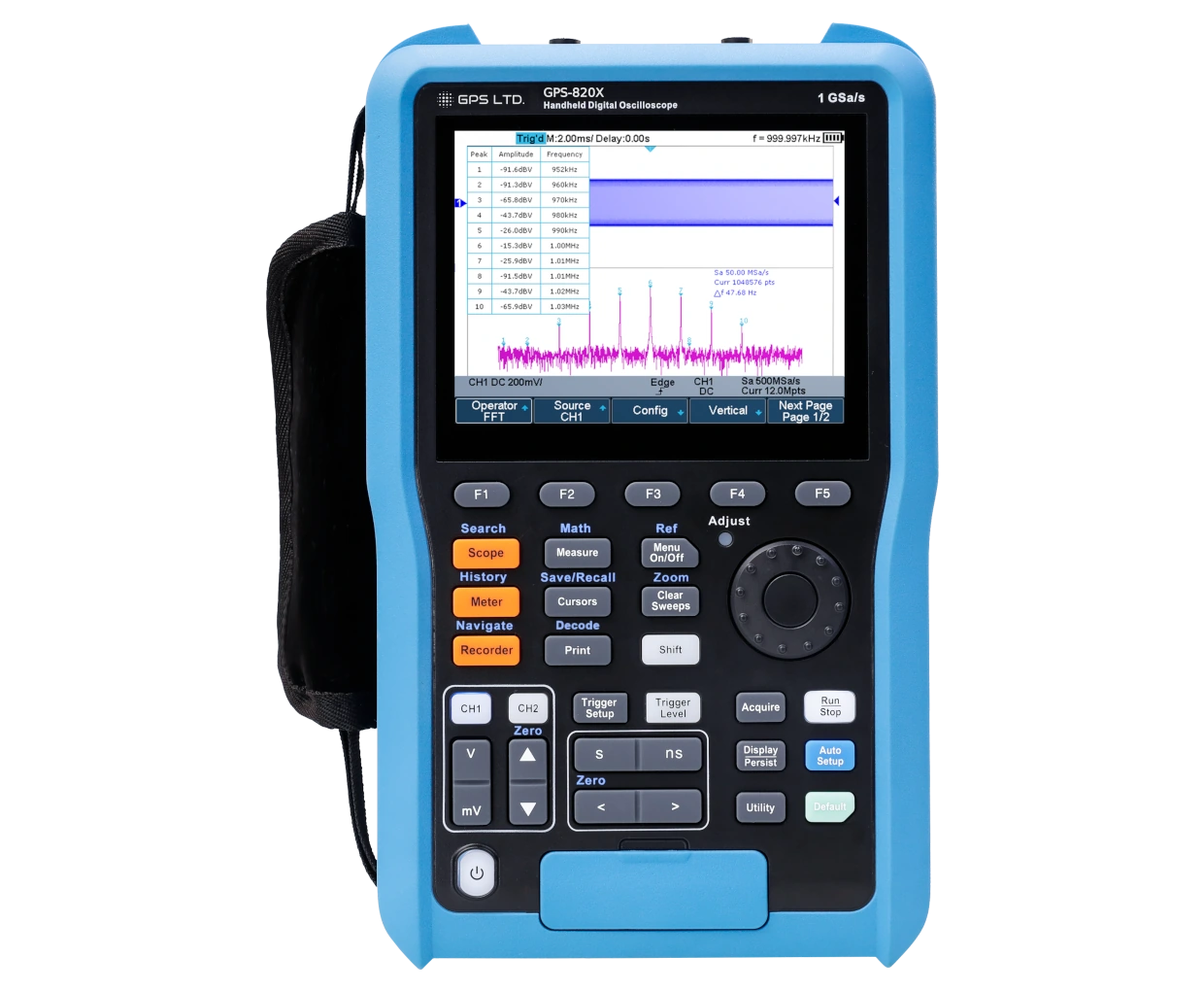 GPS-820X handheld oscilloscope, front view