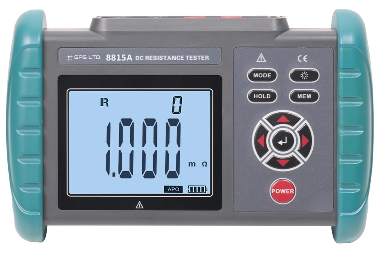 GPS LTD GPS-8815A portable DC low resistance tester, front panel showing the backlit LCD reading in milliohms and the keypad