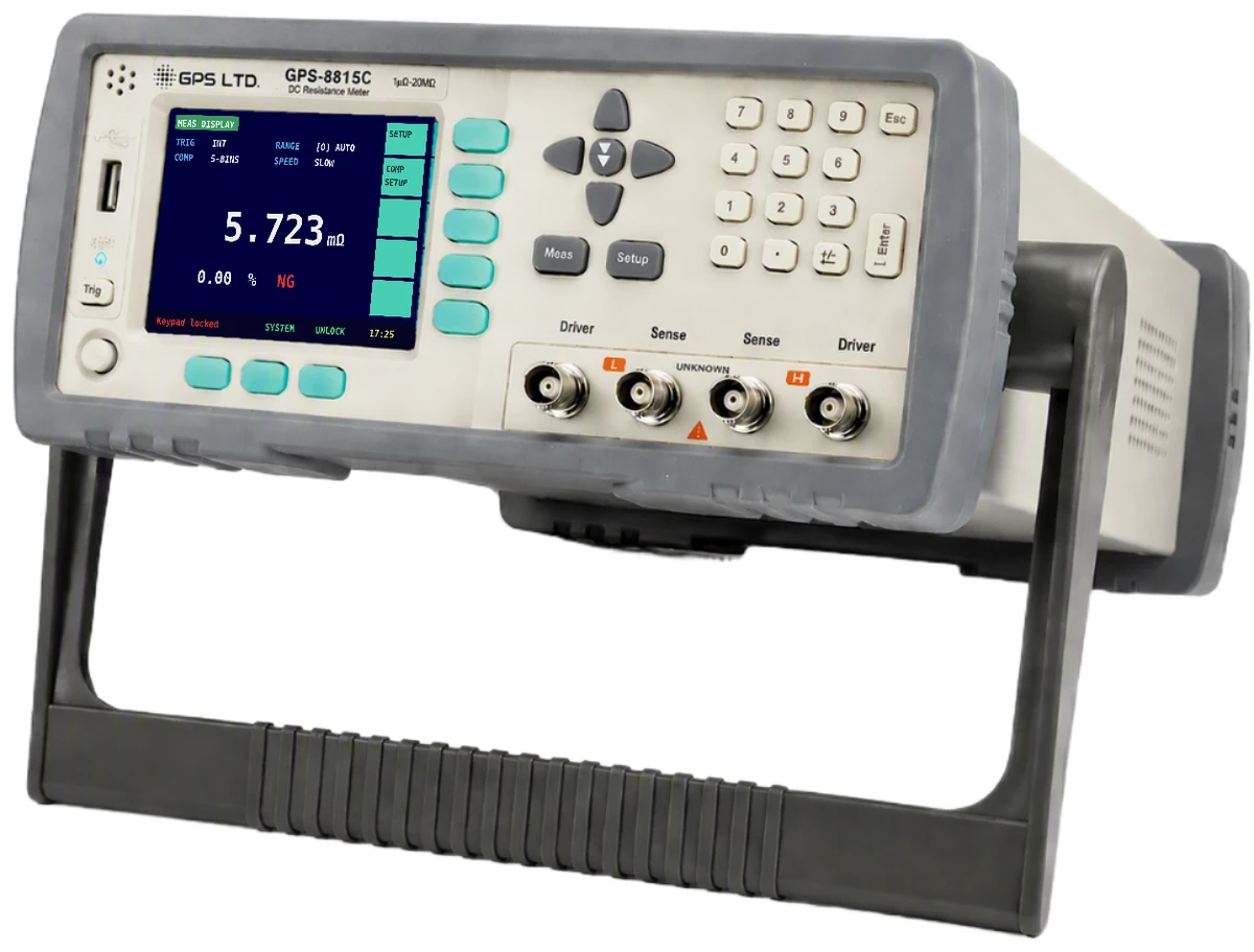 GPS LTD GPS-8815C digital micro-ohm meter raised on its tilt stand, showing the colour display with the trigger, comparator, range and speed settings above a milliohm reading and an NG sorting verdict, and the four test terminals marked driver and sense