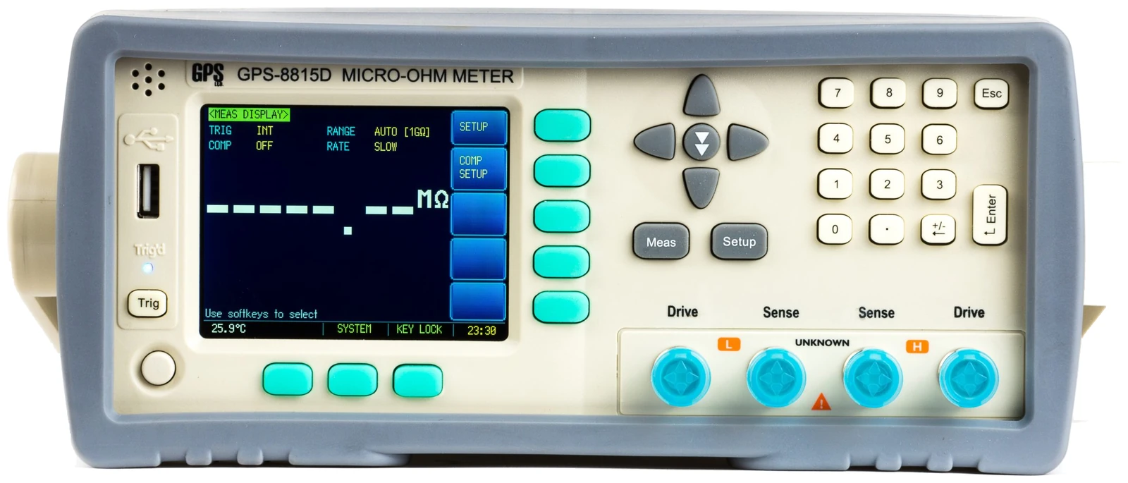 Front panel of the GPS LTD GPS-8815D precision micro-ohm meter, showing the colour display with the trigger, comparator, range and rate settings, the softkey column, the numeric keypad, and the four test terminals marked drive and sense