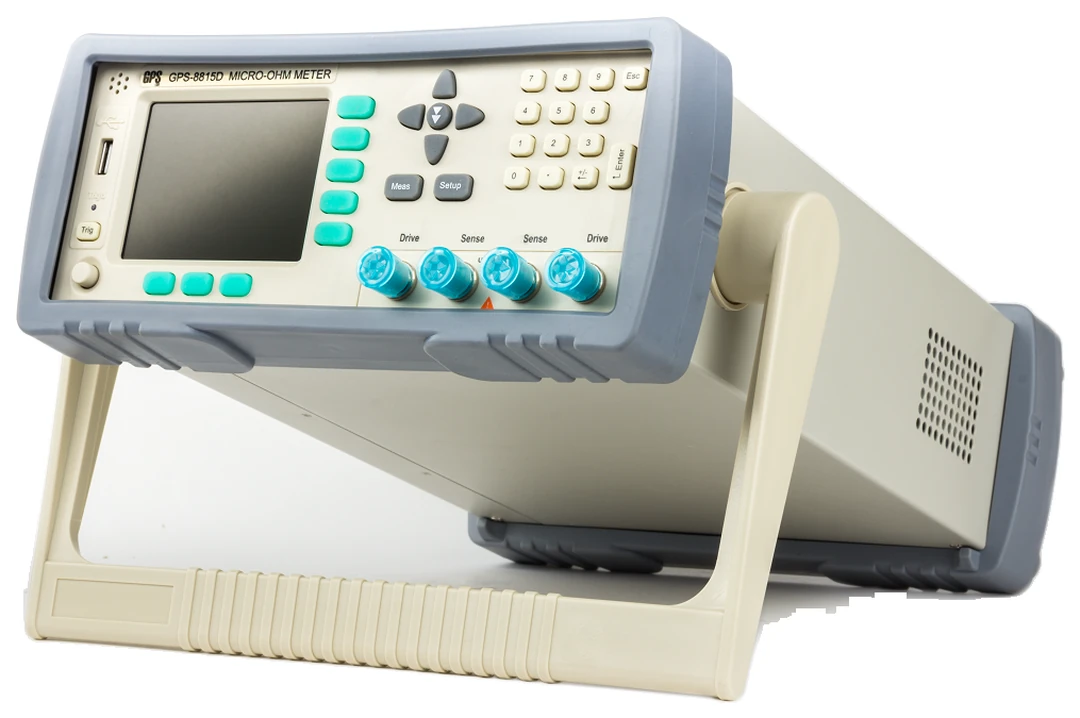The GPS LTD GPS-8815D raised on its fold-out tilt stand, seen from the front and side, showing the depth of the case and the carrying handle