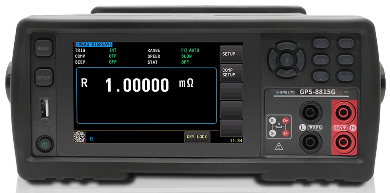 Front panel of the GPS LTD GPS-8815G, showing the 5 inch colour touch screen, the softkey column, the numeric keypad, and the four test terminals with the sense and drive posts marked and a guard connection