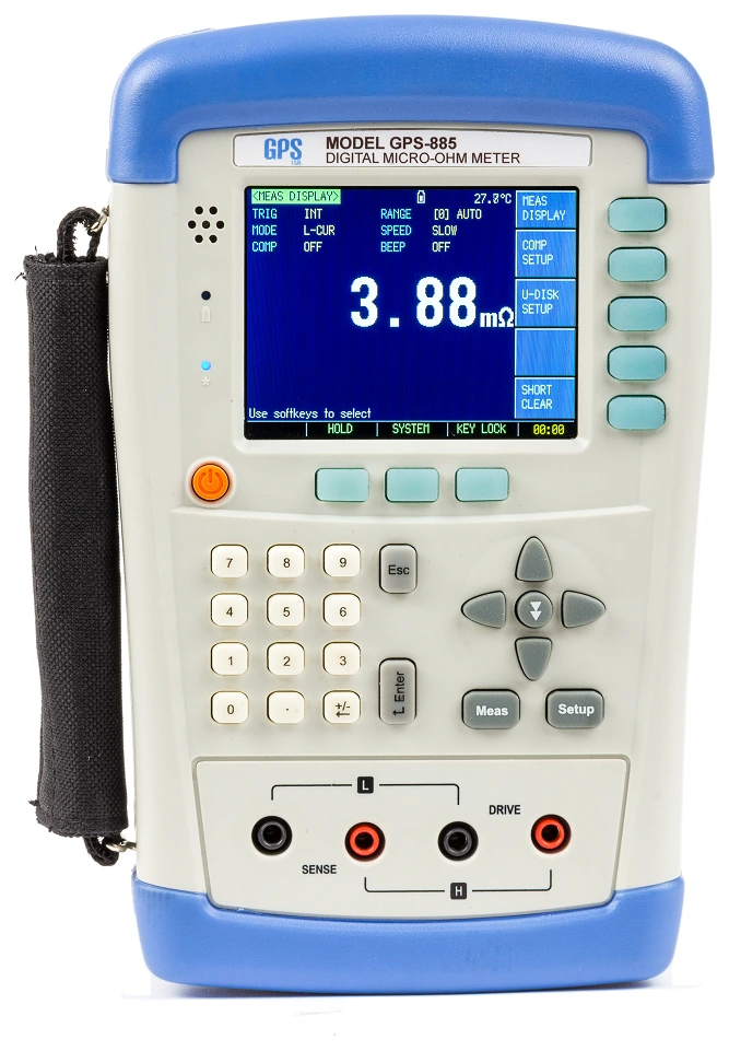 GPS LTD GPS-885 digital micro-ohm meter, front view showing the colour display with the trigger, mode, comparator, range, speed and beep settings above a milliohm reading, the numeric keypad, and the four test terminals marked sense and drive