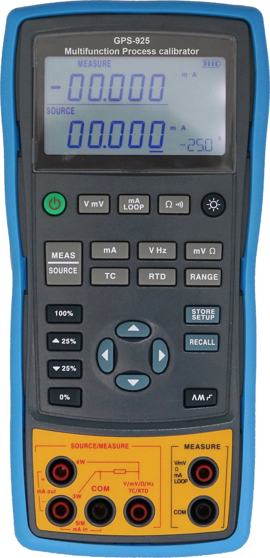 GPS-925 handheld multifunction process calibrator, front panel showing the dual measure and source display, the function keys and the terminal block