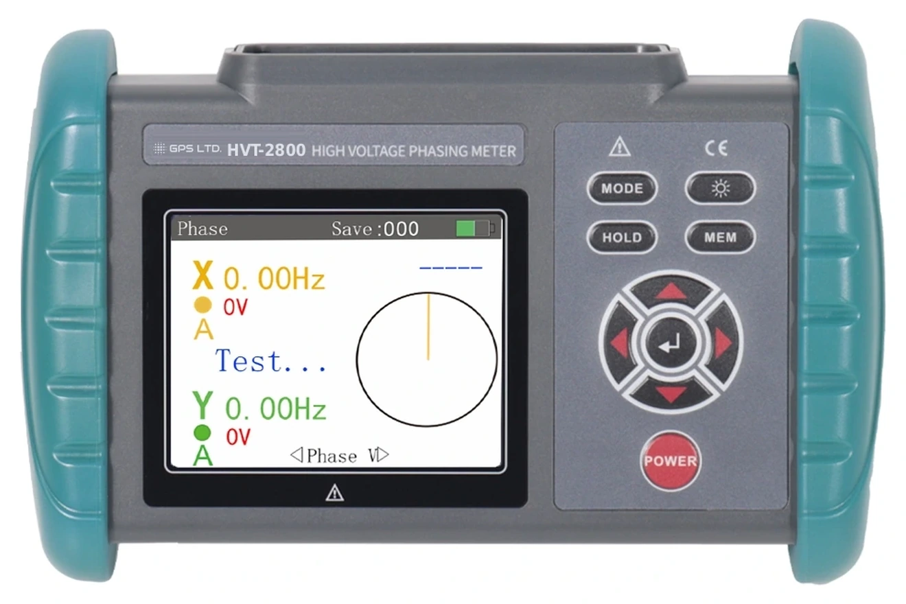 GPS LTD HVT-2800 wireless high voltage phase detector, receiver front panel showing the colour screen with phasor display and the keypad