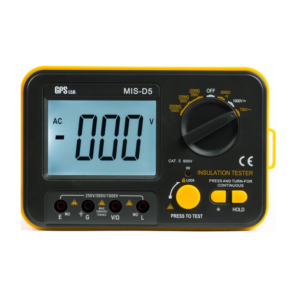 GPS LTD MIS-D5 digital insulation tester, front panel showing the range dial, backlit display and four input jacks