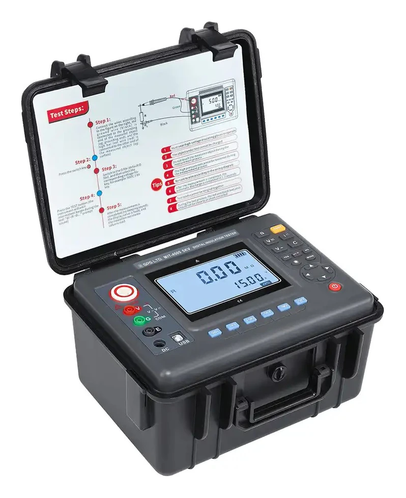MIT-4500 series with its accessory case, high voltage rod and test leads