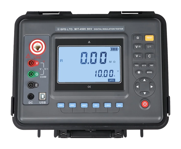 GPS LTD MIT-4500 series high voltage insulation resistance tester, front panel showing the backlit display and test terminals