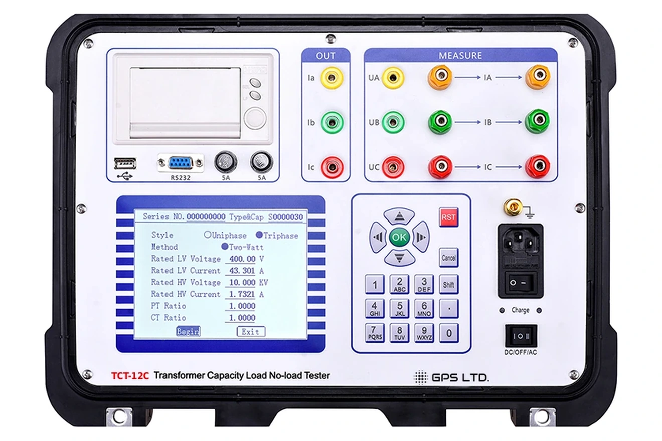 GPS LTD TCT-12C transformer capacity, load and no-load tester, front panel showing the colour display, keypad, panel printer and the three-phase measuring terminals