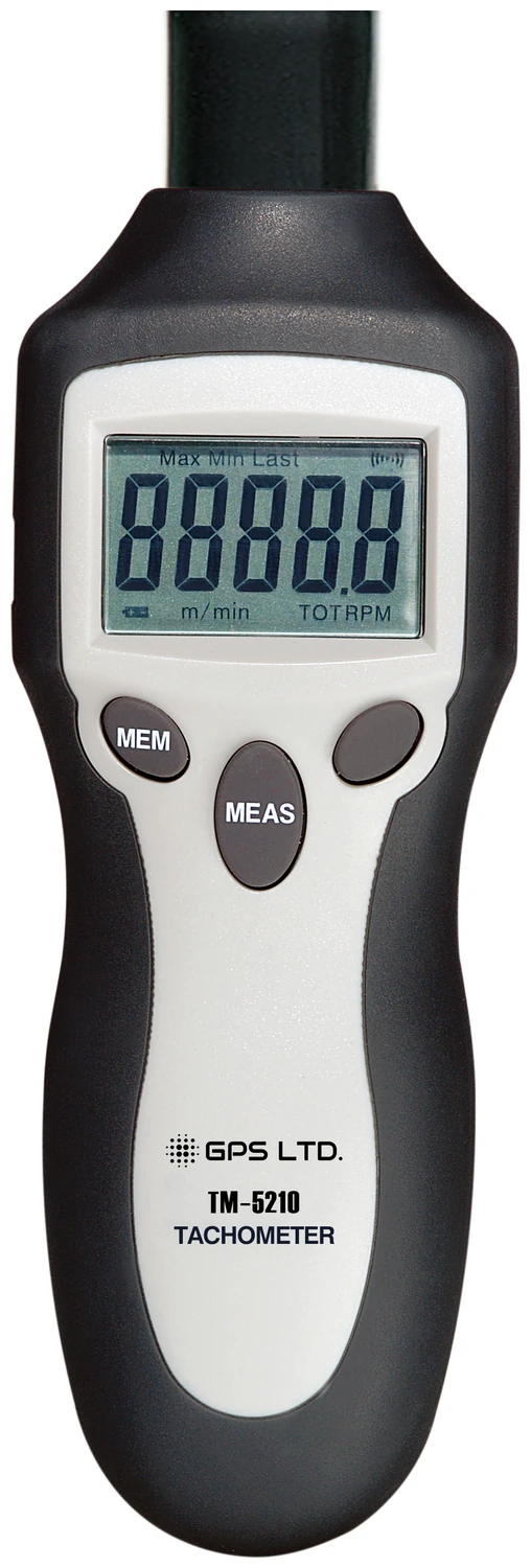 GPS LTD TM-5210 handheld digital tachometer, front view showing the backlit LCD with maximum, minimum and last-reading indication above the measure and memory buttons