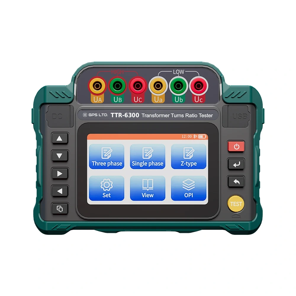 GPS LTD TTR-6300 transformer turns ratio tester, front panel showing the six colour-coded high and low voltage terminals, the five inch touchscreen and the test keypad