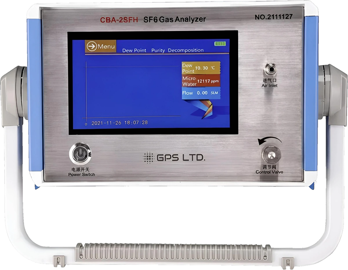 GPS LTD CBA-2SFH SF6 gas comprehensive tester, front panel showing the colour touchscreen, air inlet and control valve