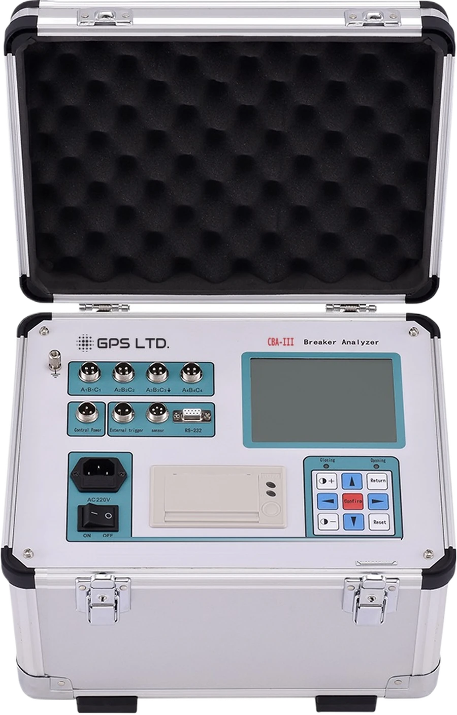 GPS LTD CBA-III circuit breaker analyser in its flight case, showing the backlit display, thermal printer and the four three-phase contact sockets