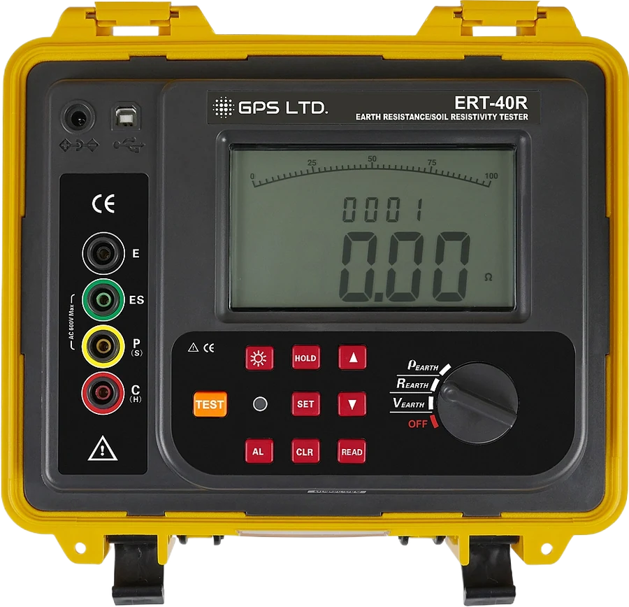 GPS LTD ERT-40R earth resistance and soil resistivity tester, front panel showing the rotary function switch, backlit display and terminal block