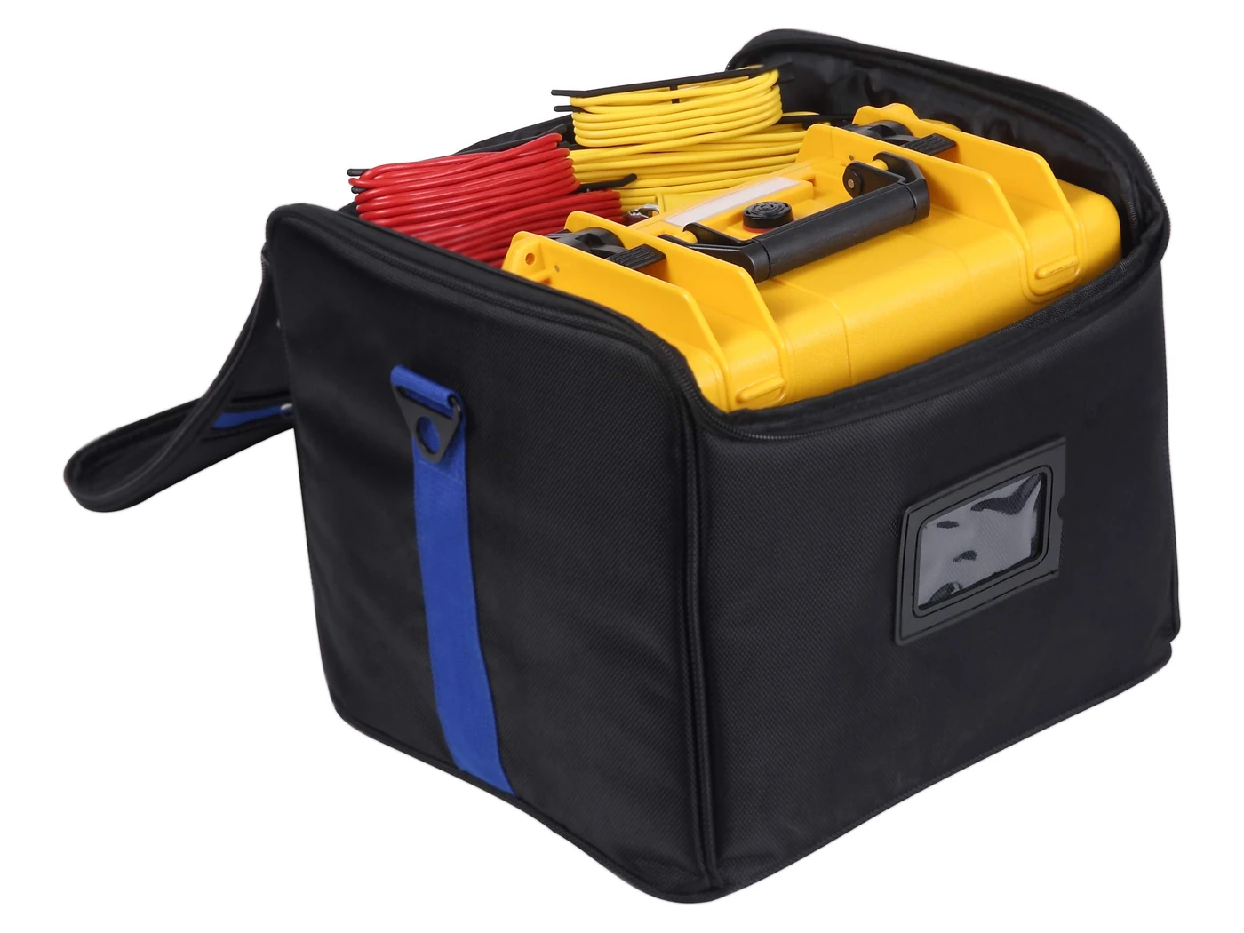 ERT-40R kit packed in its carry bag, the instrument in its yellow IP65 case with the red and yellow lead reels stowed alongside