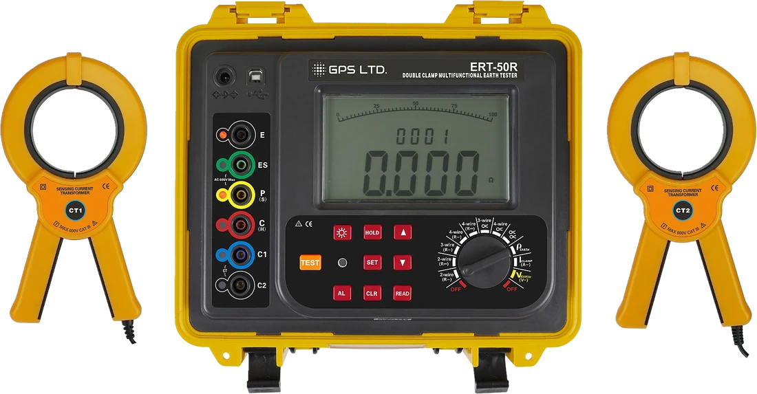 GPS LTD ERT-50R double clamp multifunction earth tester, front panel showing the twelve-position rotary switch, backlit display and six-terminal block