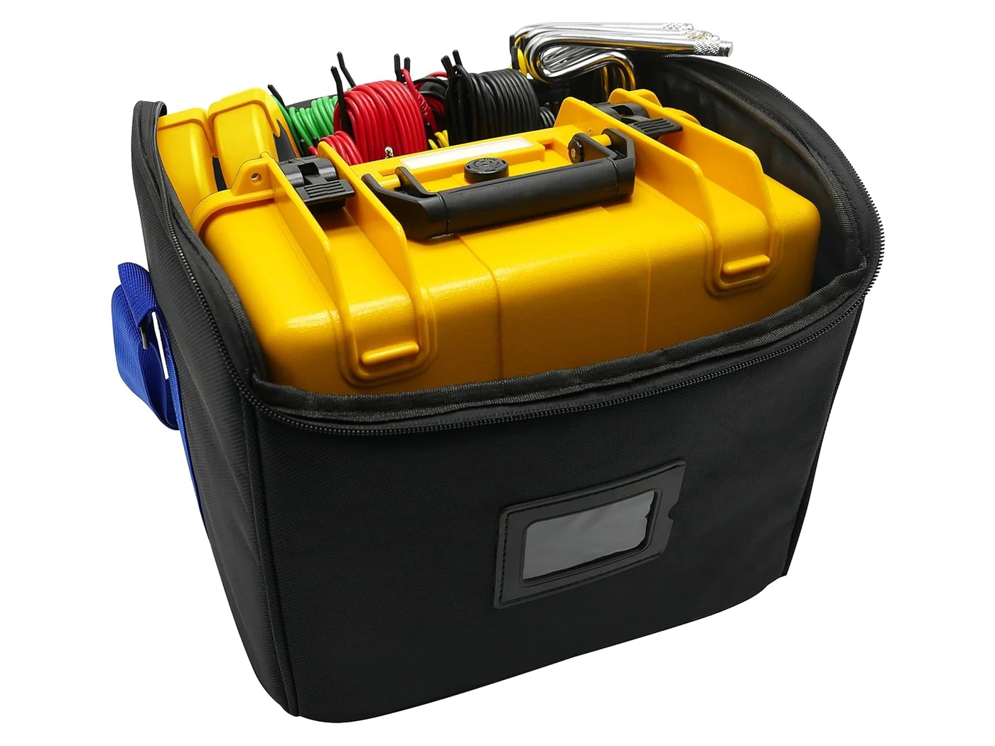 ERT-50R kit packed in its carry bag, the instrument in its yellow IP65 case with the four lead reels and the earth stakes stowed alongside