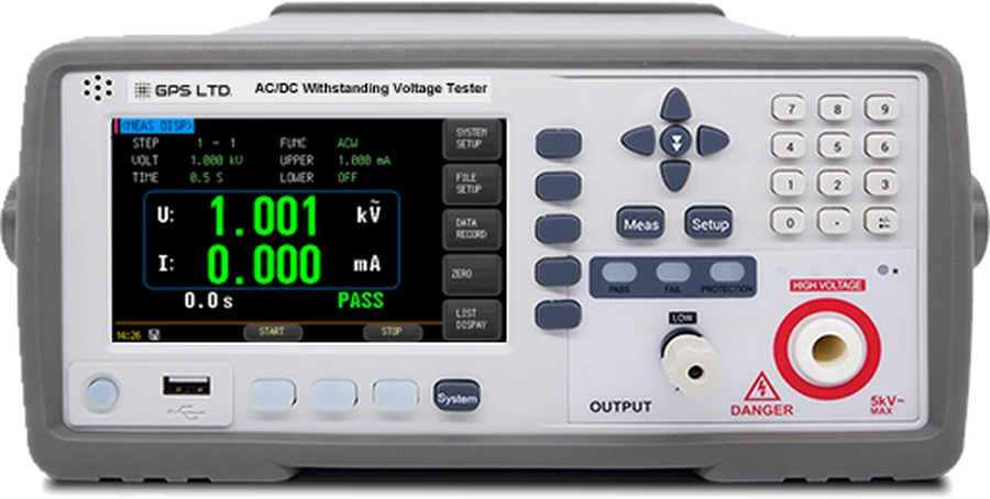 GPS-9020 series AC and DC withstanding voltage tester, front panel showing the colour touch display, keypad and high voltage output terminals