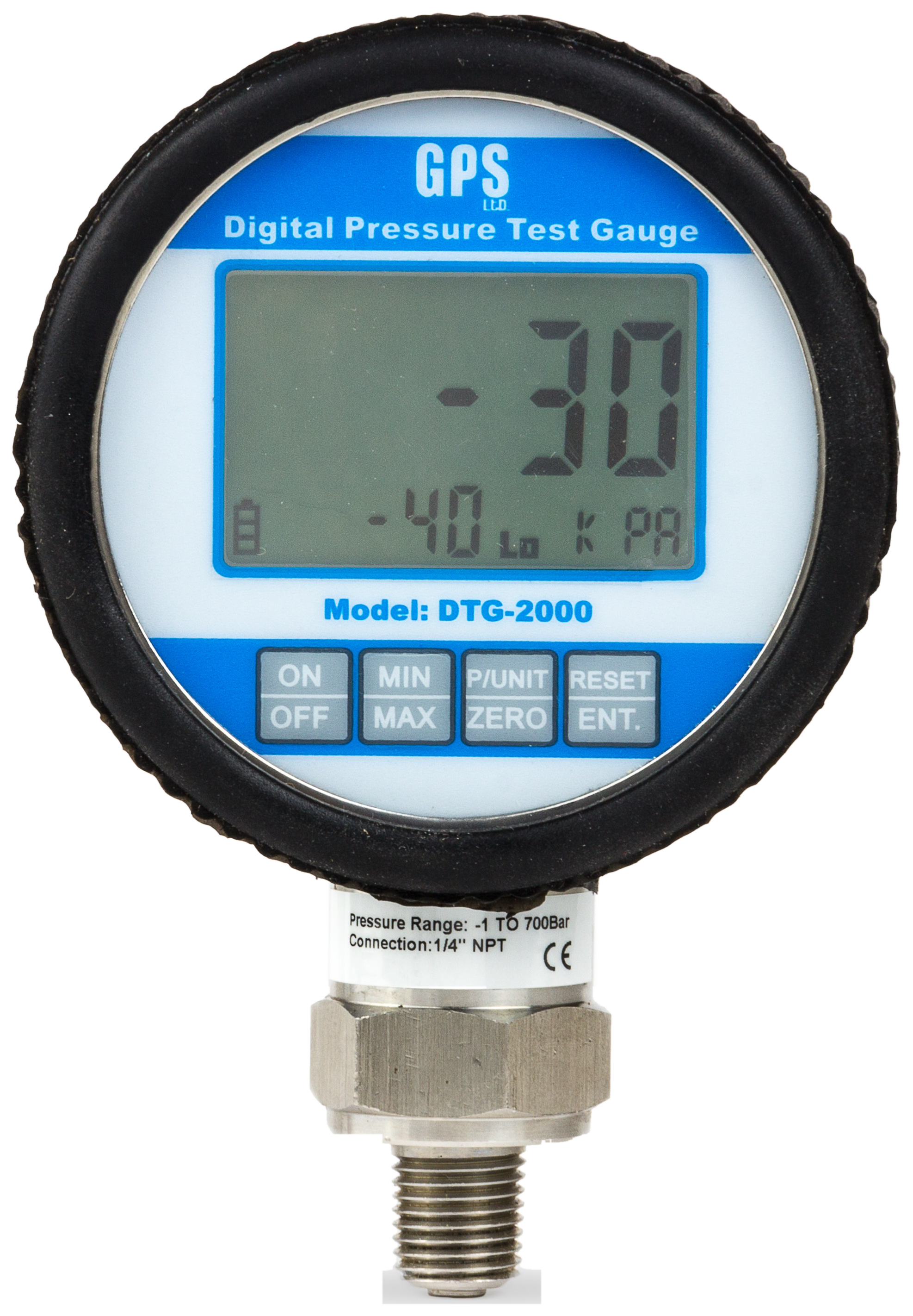 GPS LTD DTG-2000 digital pressure test gauge, -1 to 700 bar version with quarter-inch NPT connection, showing the five-digit display with bar graph and the four keys