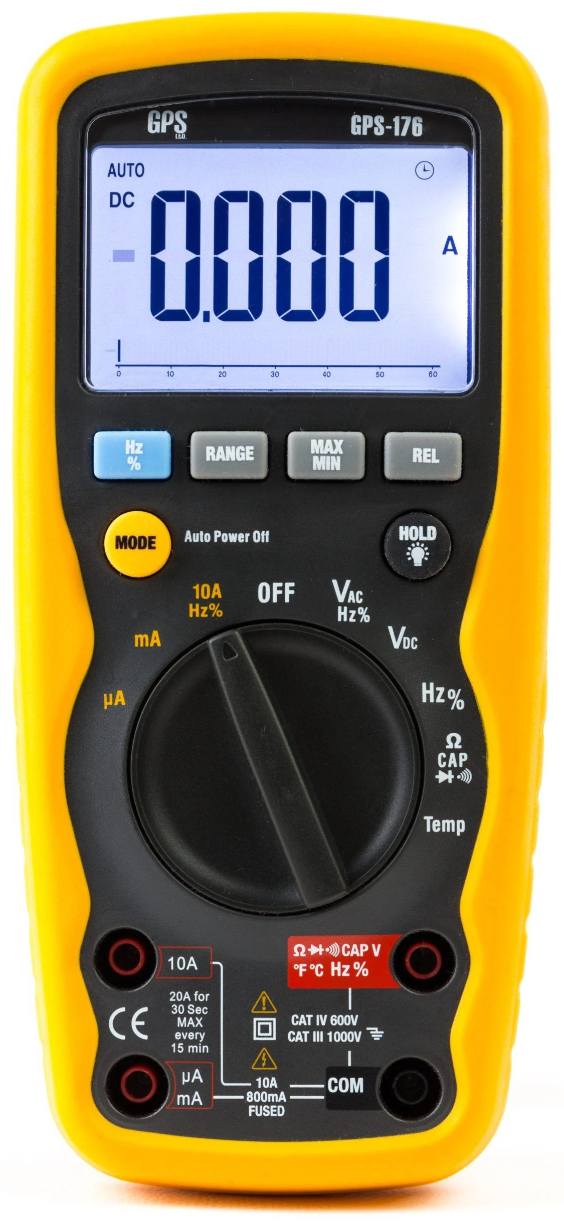 Front of the GPS LTD GPS-176 handheld multimeter in its yellow protective boot, showing the backlit display with analogue bargraph, the Hz%, RANGE, MAX MIN and REL keys, the rotary switch and the four input terminals with their fuse ratings and measurement category markings
