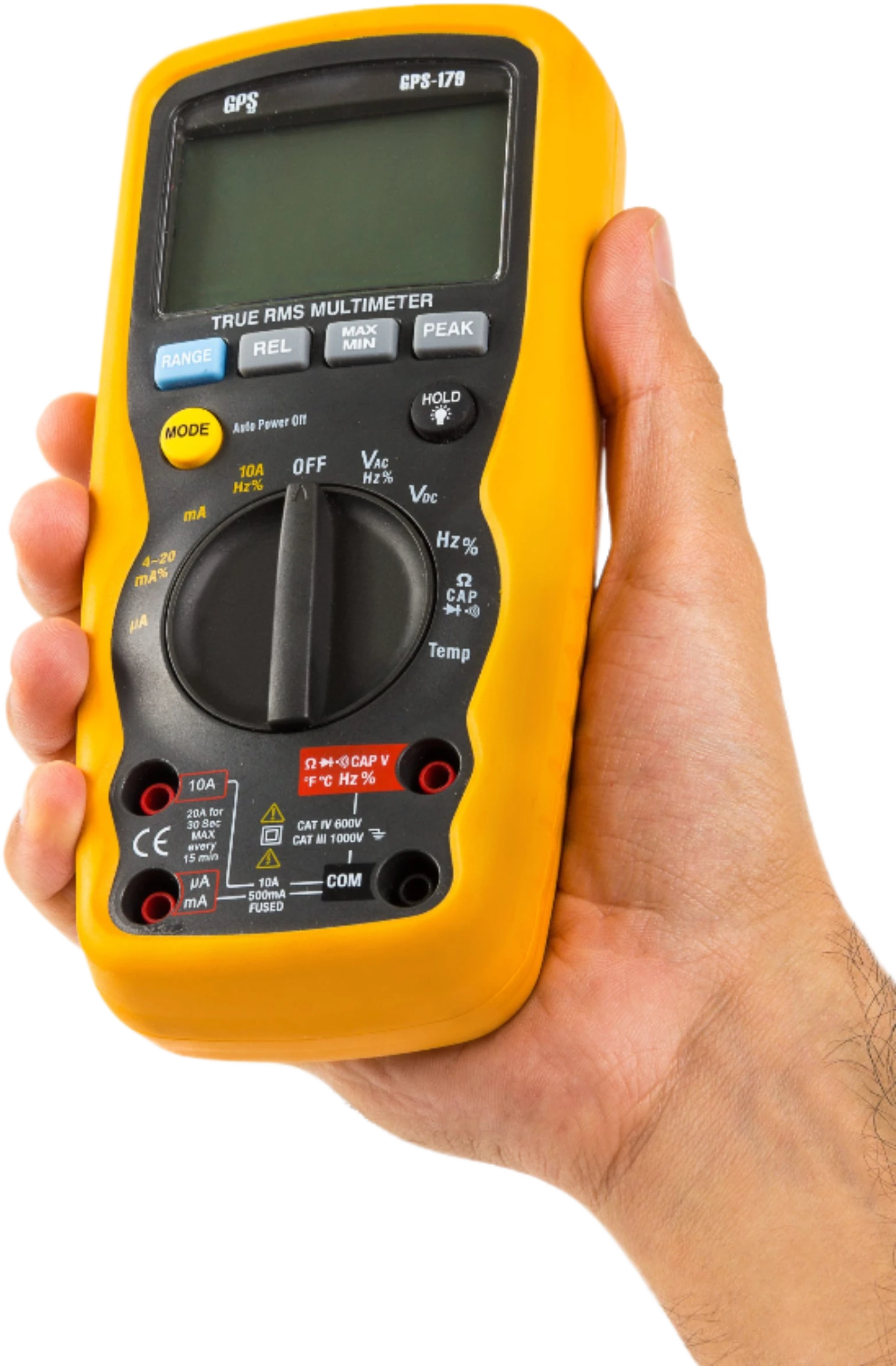 Front of the GPS LTD GPS-179 handheld multimeter in its yellow protective boot, showing the backlit display with analogue bargraph, the Hz%, RANGE, MAX MIN and REL keys, the rotary switch and the four input terminals with their fuse ratings and measurement category markings