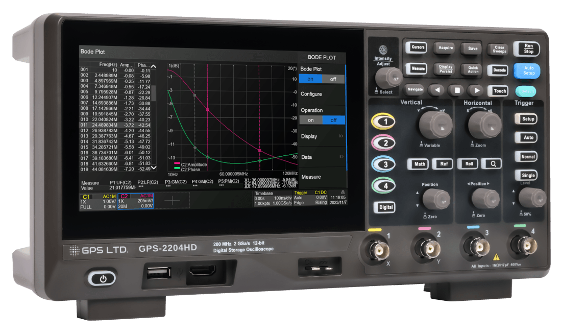 GPS-2204HD 12-bit digital storage oscilloscope showing a Bode plot