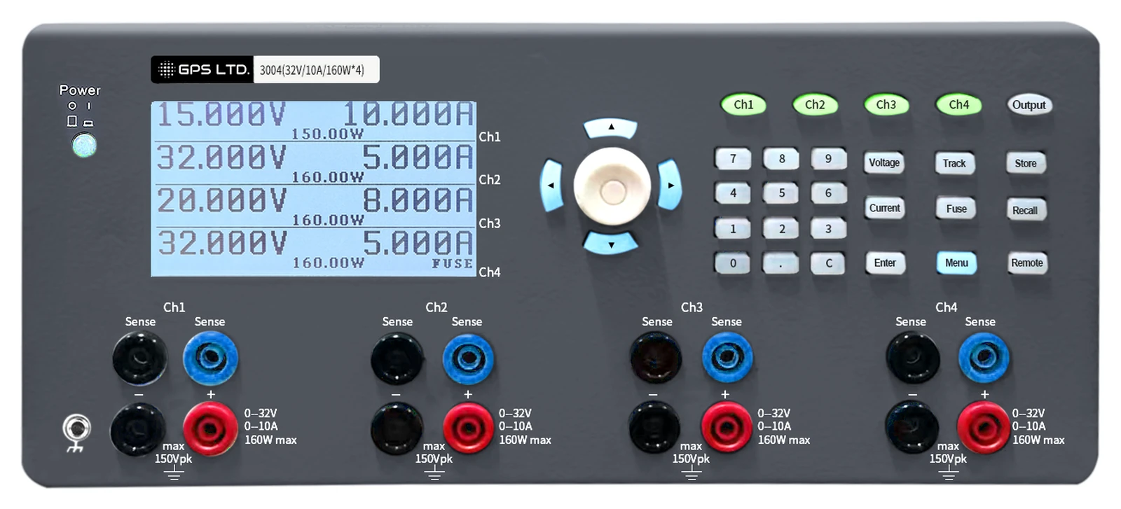GPS-3004 four-channel linear DC power supply, front panel showing all four channels on one display with their set voltage, current and power, the channel select keys, and the sense and output terminals for each channel
