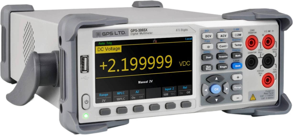 Three-quarter view of the GPS LTD GPS-3065X, with the NPLC softkey on the display set to 10PLC, the range held at 2 V, auto zero on and the input impedance on 10 megohms