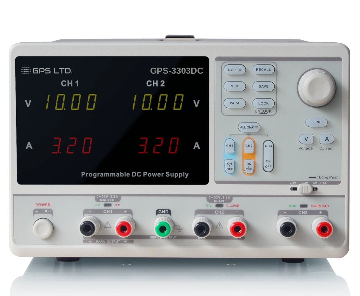 GPS-3303DC, front. Four-digit voltmeters and three-digit ammeters for both adjustable channels, the mode and memory keys, and the CH3 voltage selector.
