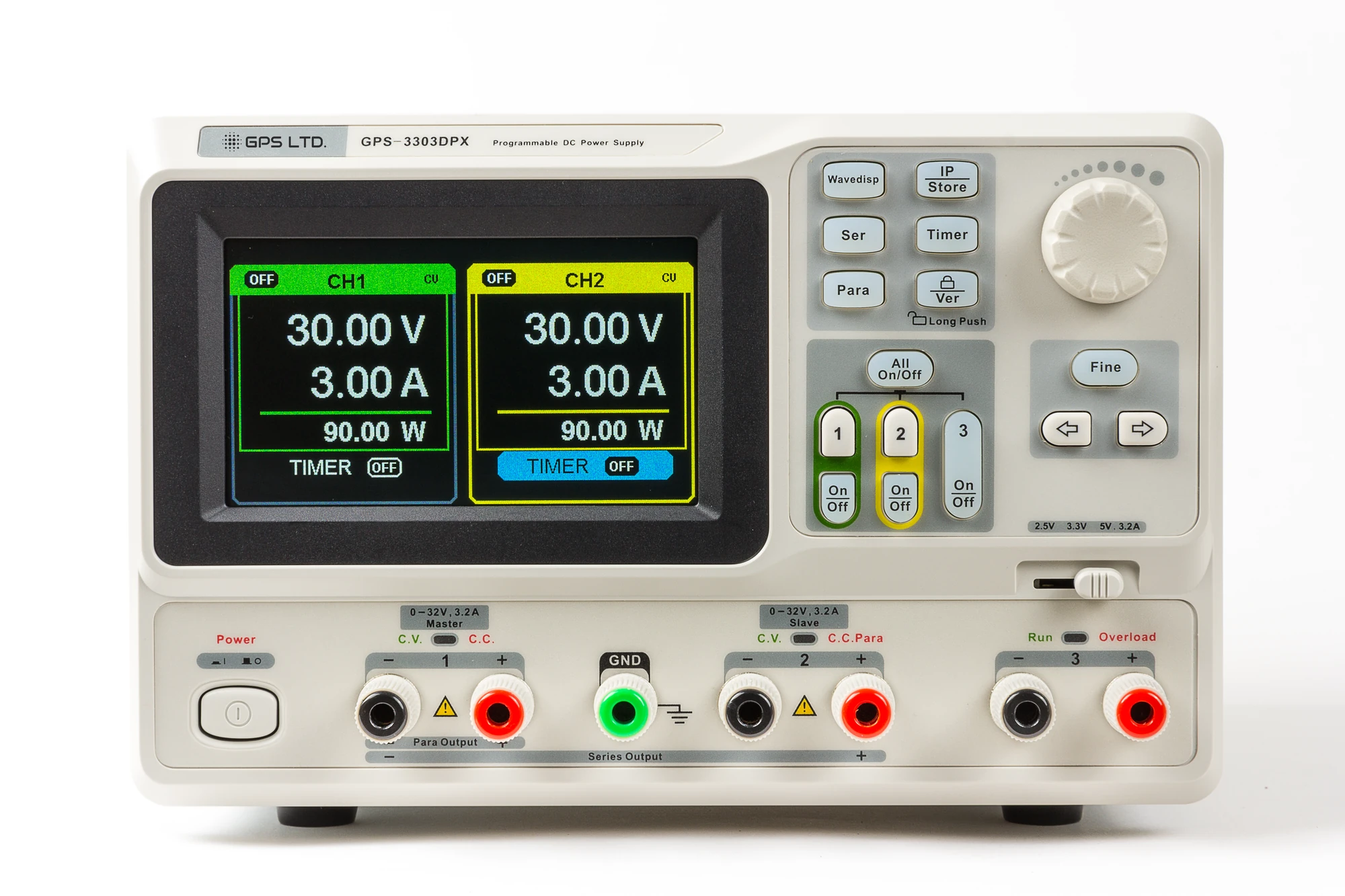 GPS-3303DPX, front. The 4.3 inch colour display carries both adjustable channels with their set voltage, current and power, and the timer state for each.