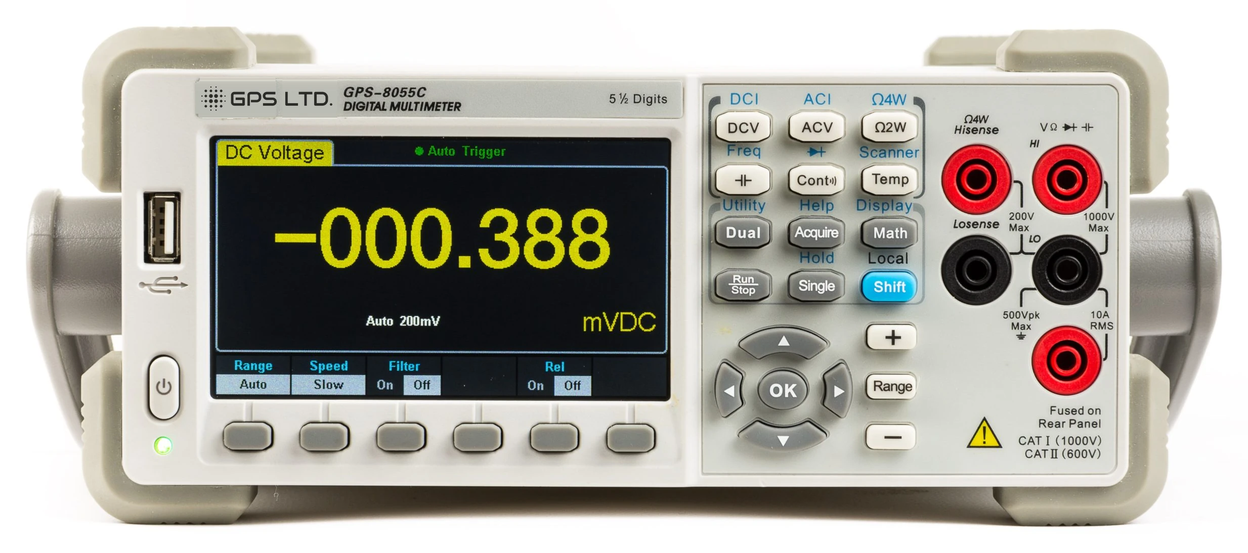 Front panel of the GPS LTD GPS-8055C benchtop multimeter, showing the 4.3 inch colour display reading DC voltage on the 200 millivolt range at the slow rate, the function keys for voltage, current, two-wire and four-wire resistance, capacitance, continuity, frequency and temperature, the front USB port, and the five input terminals with their four-wire sense pair