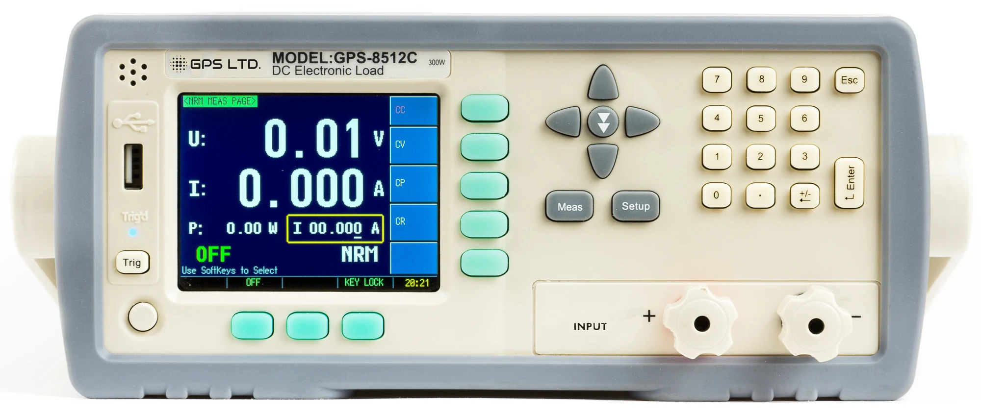 GPS-8512C DC electronic load, front panel showing the 3.5 inch colour display in normal measurement mode with the CC, CV, CP and CR soft keys, the numeric keypad and the input terminals