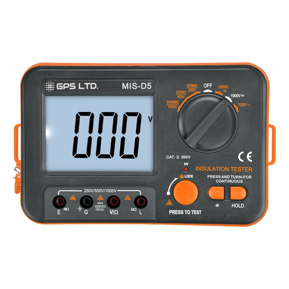GPS LTD MIS-D5 digital insulation tester, front panel showing the range dial, backlit display and four input jacks
